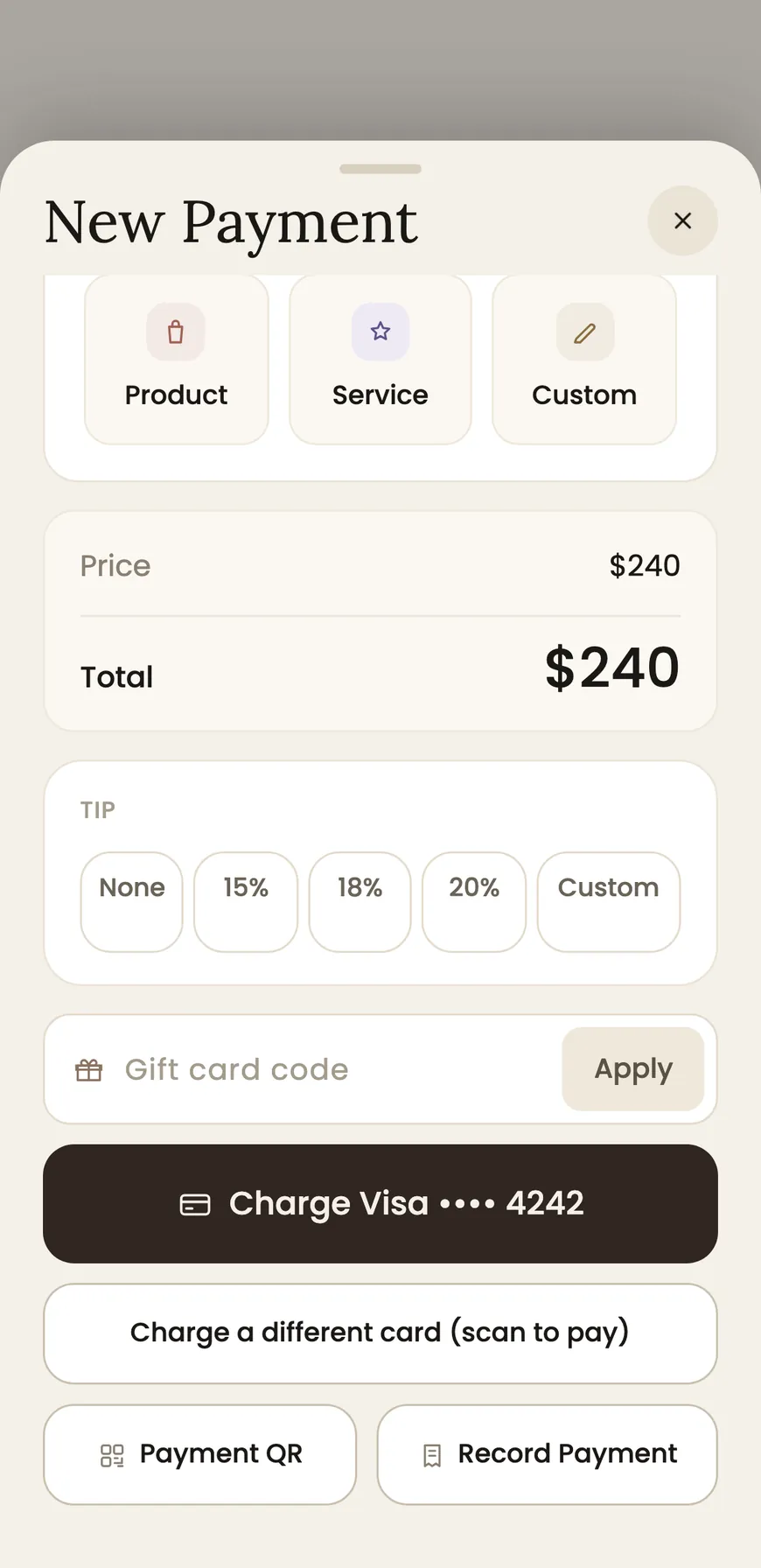 A checkout screen in BackBar, with the service, a tip and the total charged.