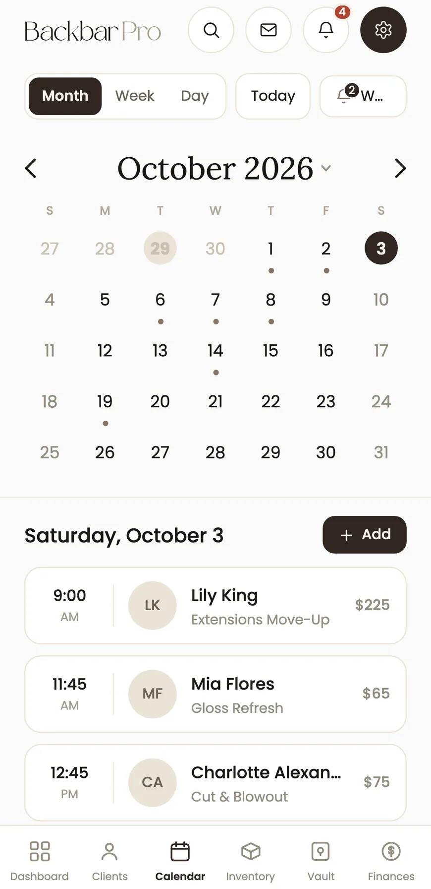 A hairstylist's Today schedule in the BackBar app, showing the day's booked appointments.