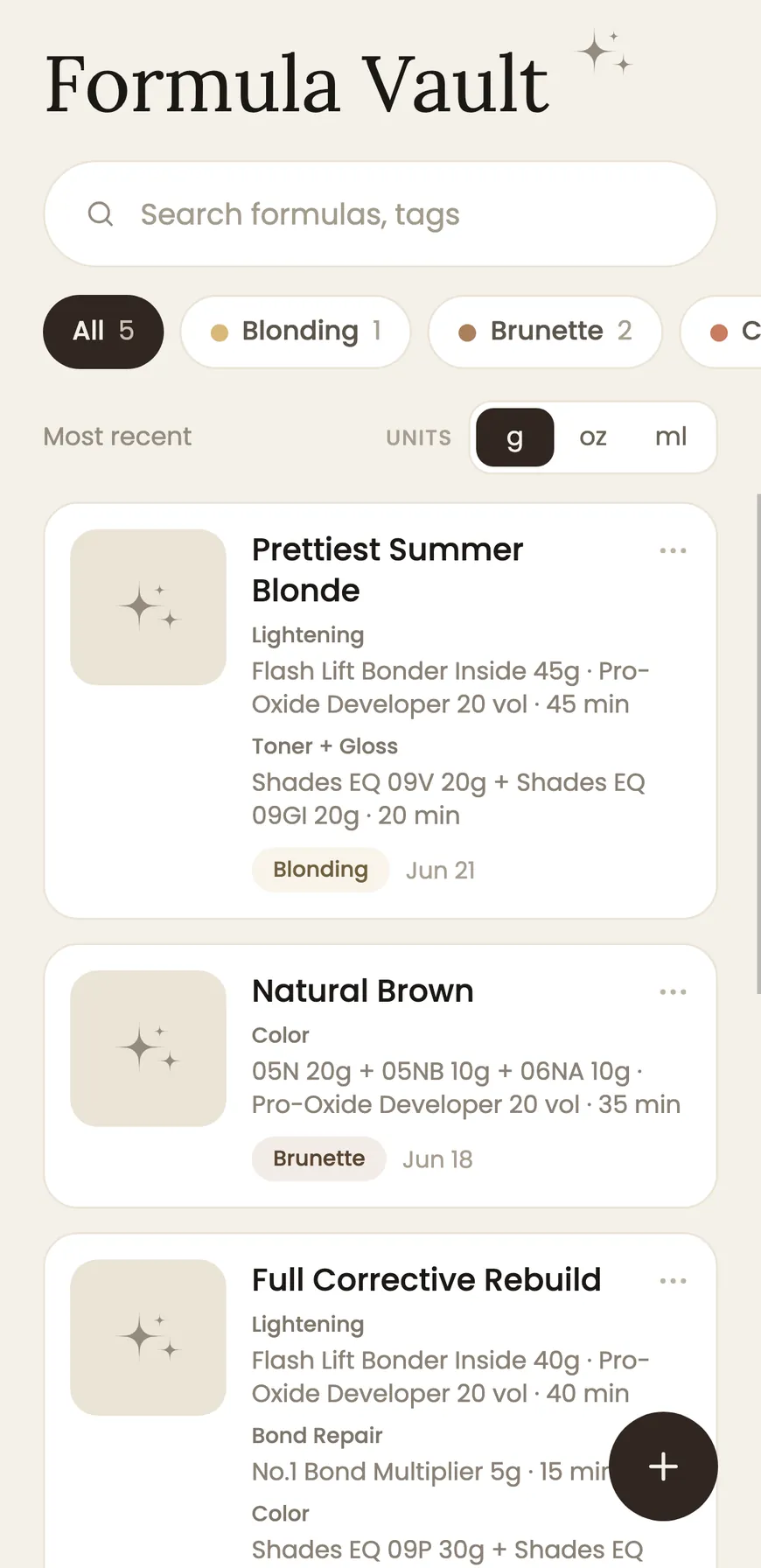 The Formula Vault in BackBar, with saved formulas listed by lightener, toner, developer and timing.