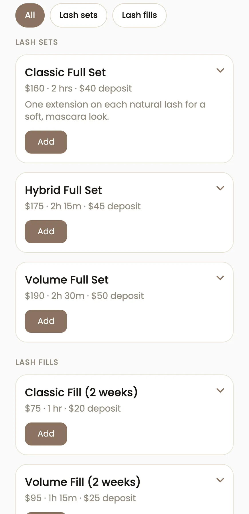 A booking page for fills and full sets, showing a service, a time and a deposit due at booking.