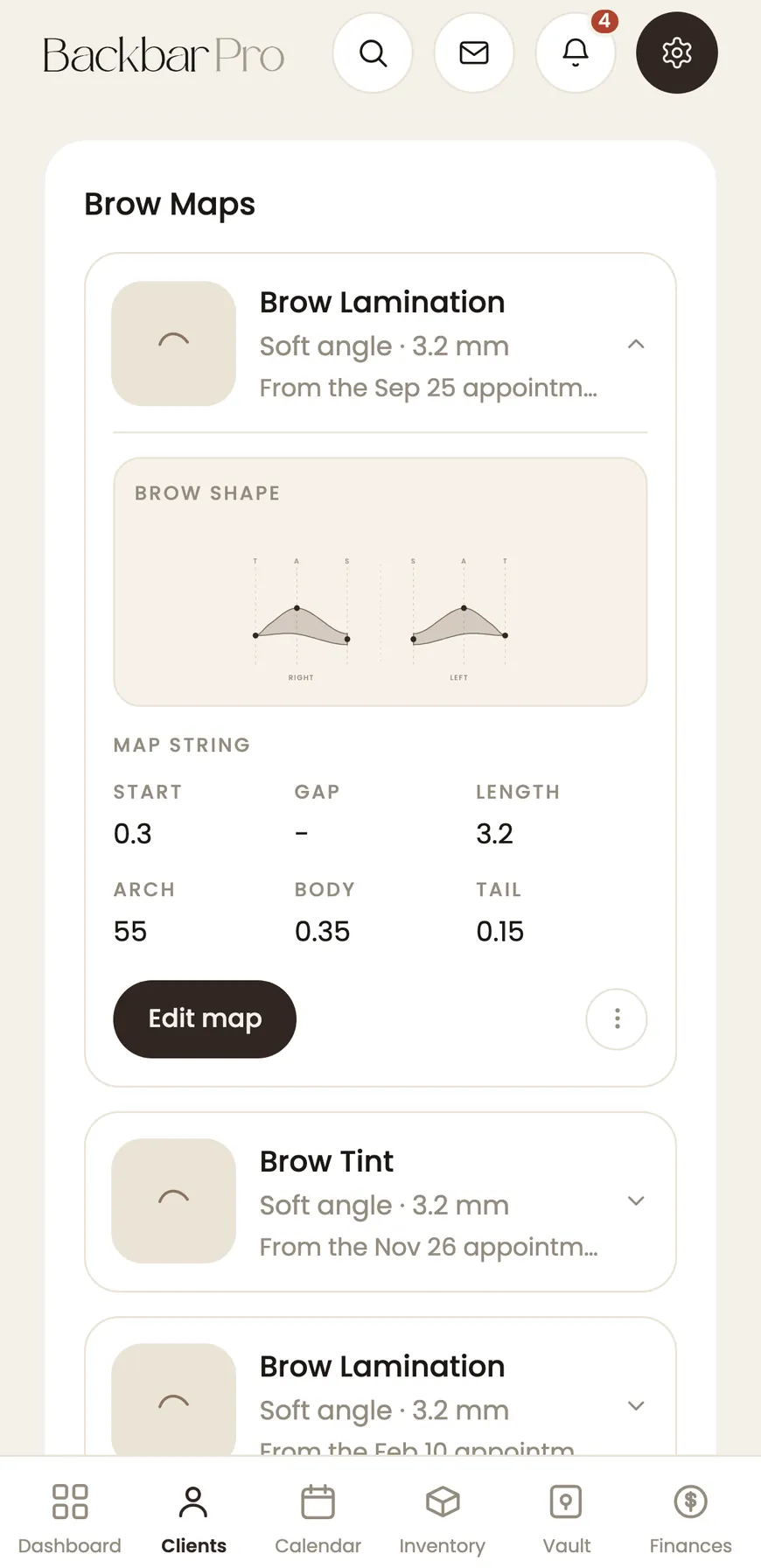 A saved brow map in BackBar, with the shape and lamination notes for the visit.