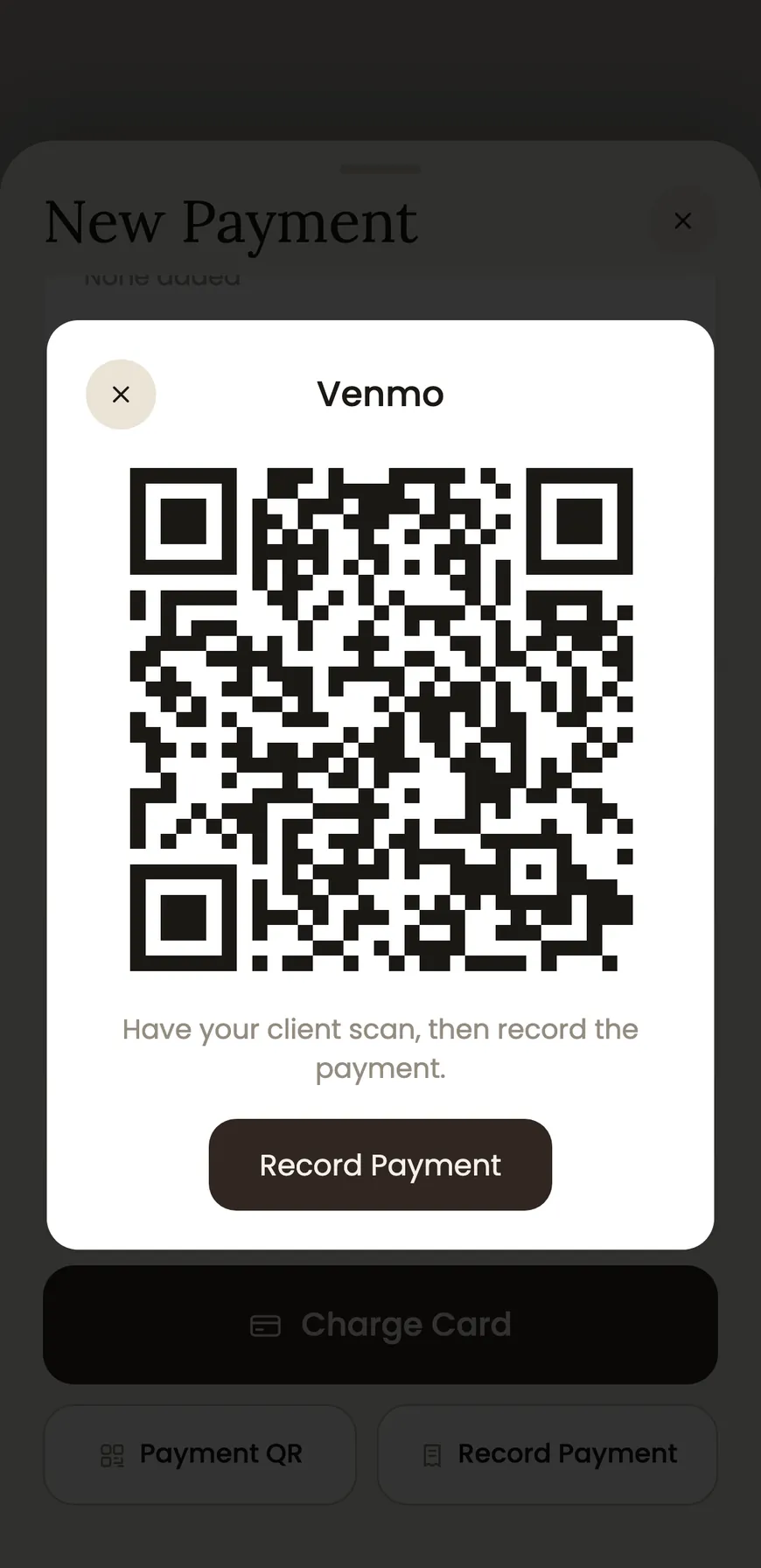 A checkout screen in BackBar, with the service, a tip and the total charged.