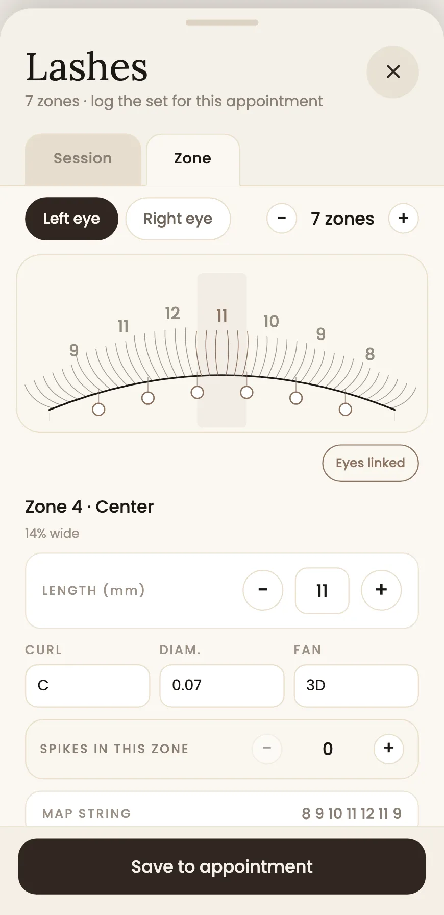 The interactive lash map in BackBar: the lash line split into seven zones with their lengths, and the curl, diameter and fan for the selected zone.