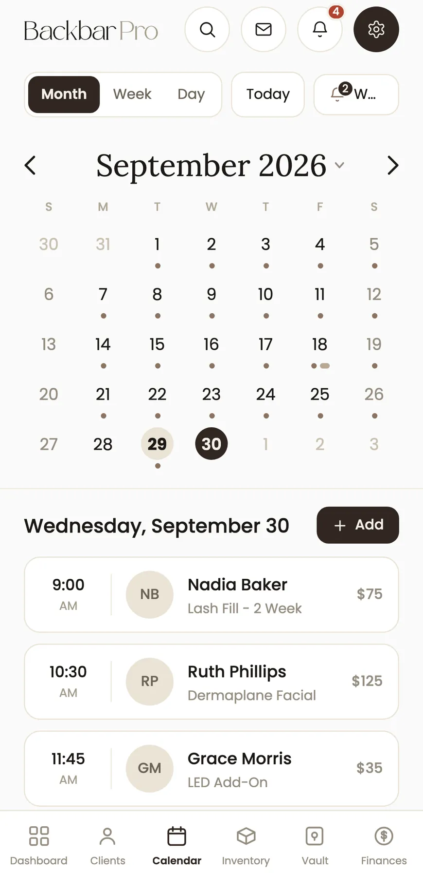 A lash and brow artist's Today schedule in the BackBar app, showing the day's booked appointments.