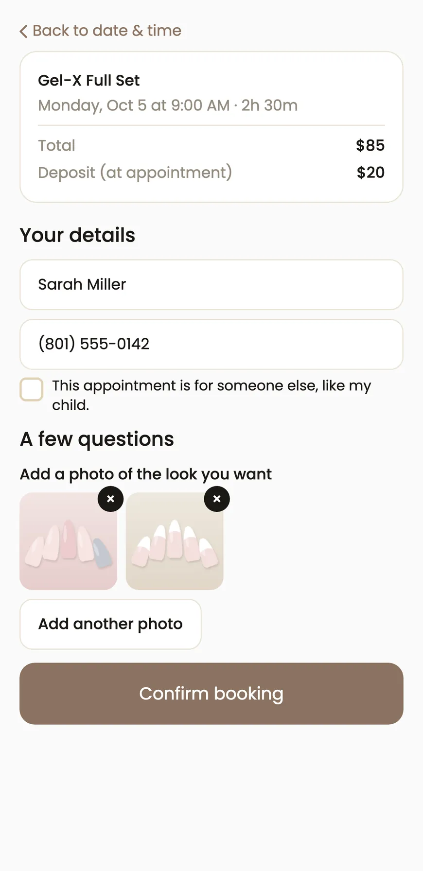 A booking page for a nail set, with inspiration photos added and a deposit due at booking.