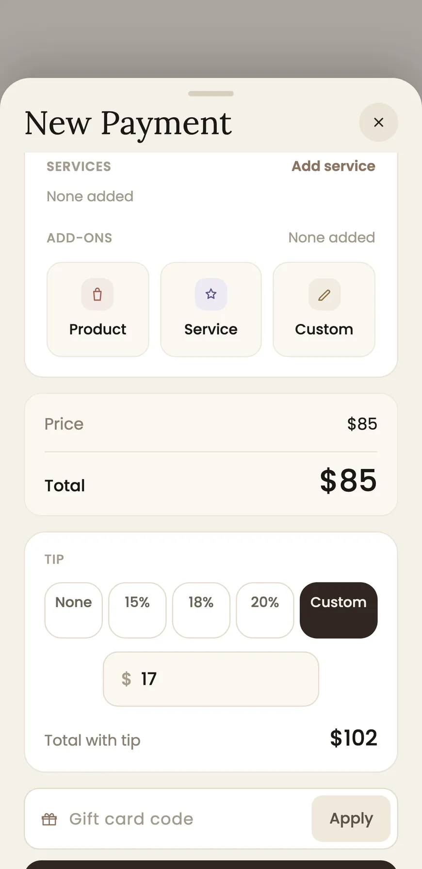 A checkout screen in BackBar, with the service, a tip and the total charged.