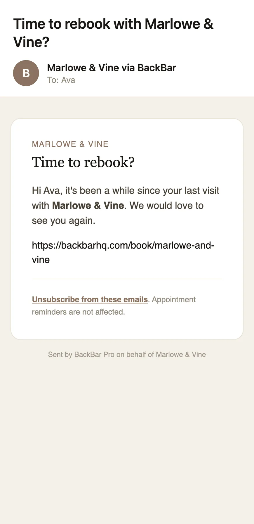 A rebook nudge email from BackBar, inviting a client to book their next fill.