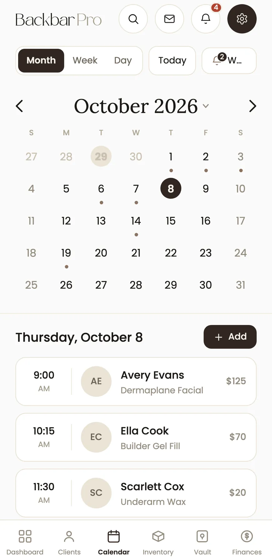 A nail tech's Today schedule in the BackBar app, showing the day's booked appointments.