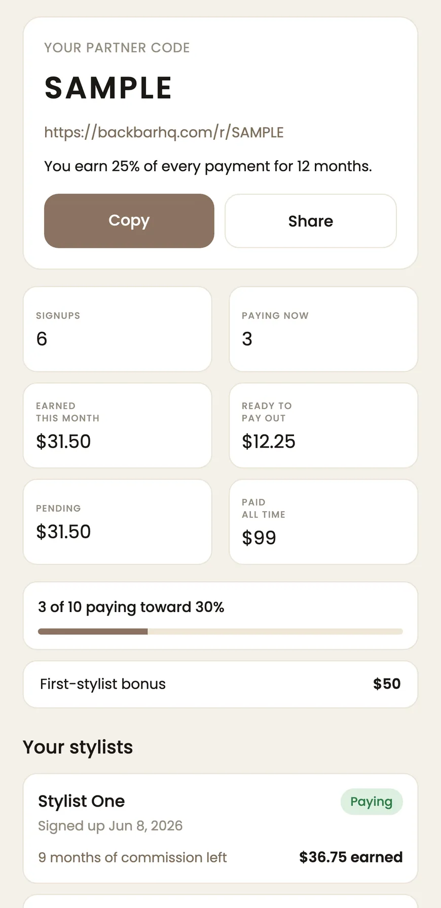 The partner dashboard in the BackBar app, showing signups, pros paying now and commission earned.