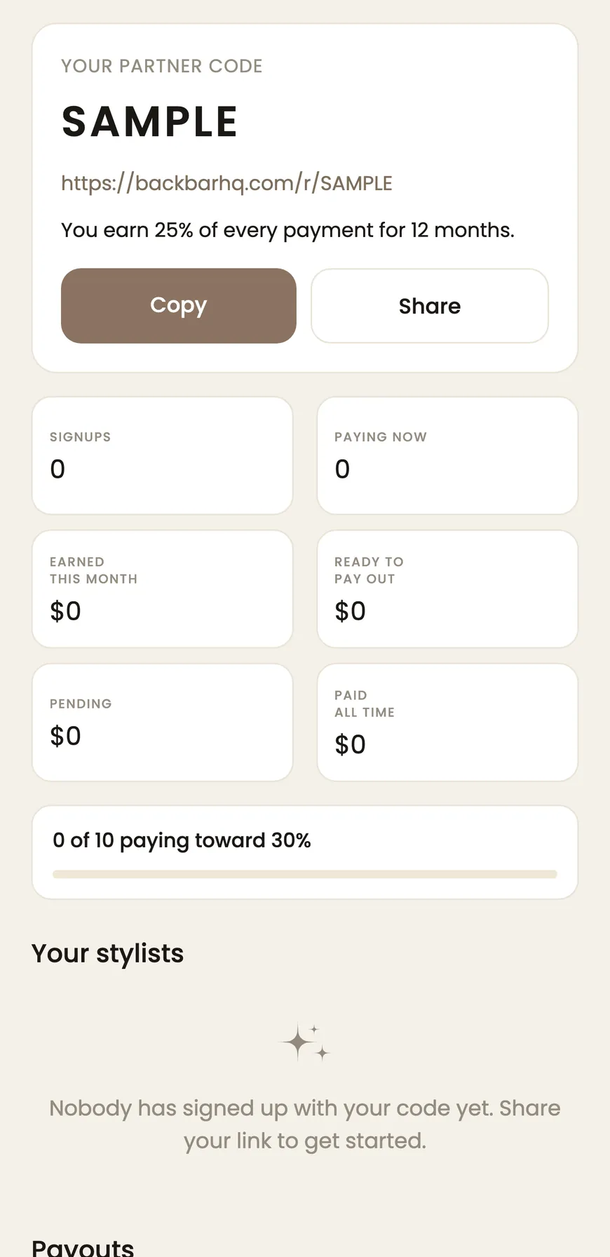 A new partner's dashboard in the BackBar app, with a code and link ready to share and no signups yet.