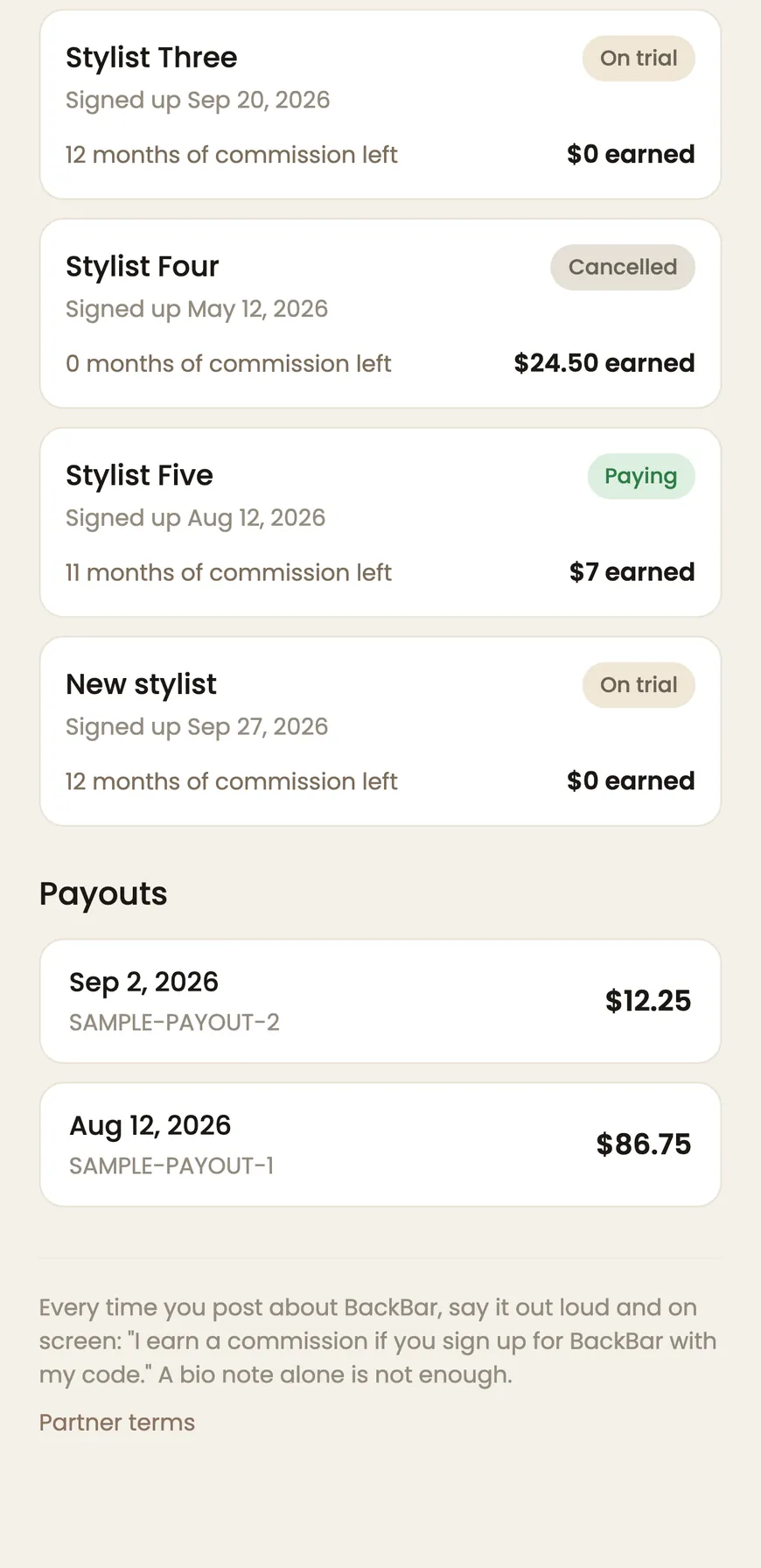 A partner's payouts in the BackBar app, one line for each monthly payout.