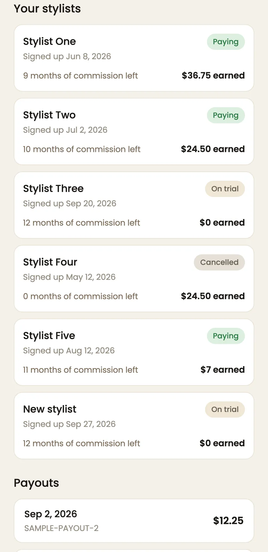 A partner's list of referred pros in the BackBar app, each marked on trial, paying or cancelled.