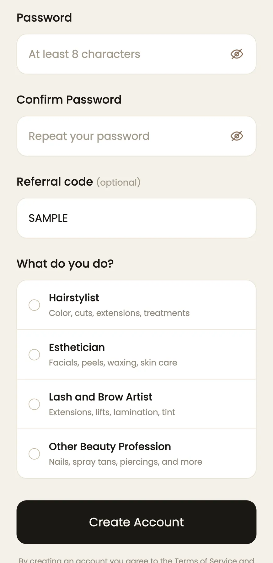 The BackBar sign-up screen with a partner code already filled in.