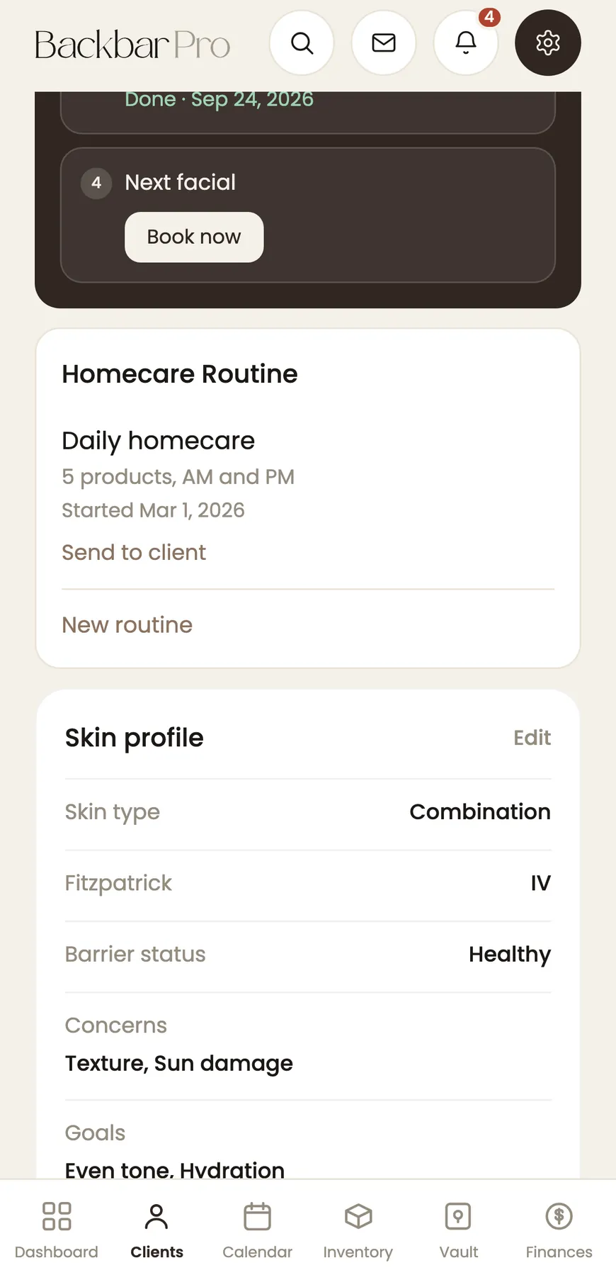 A client's skin profile in BackBar, with their homecare routine and skin type.
