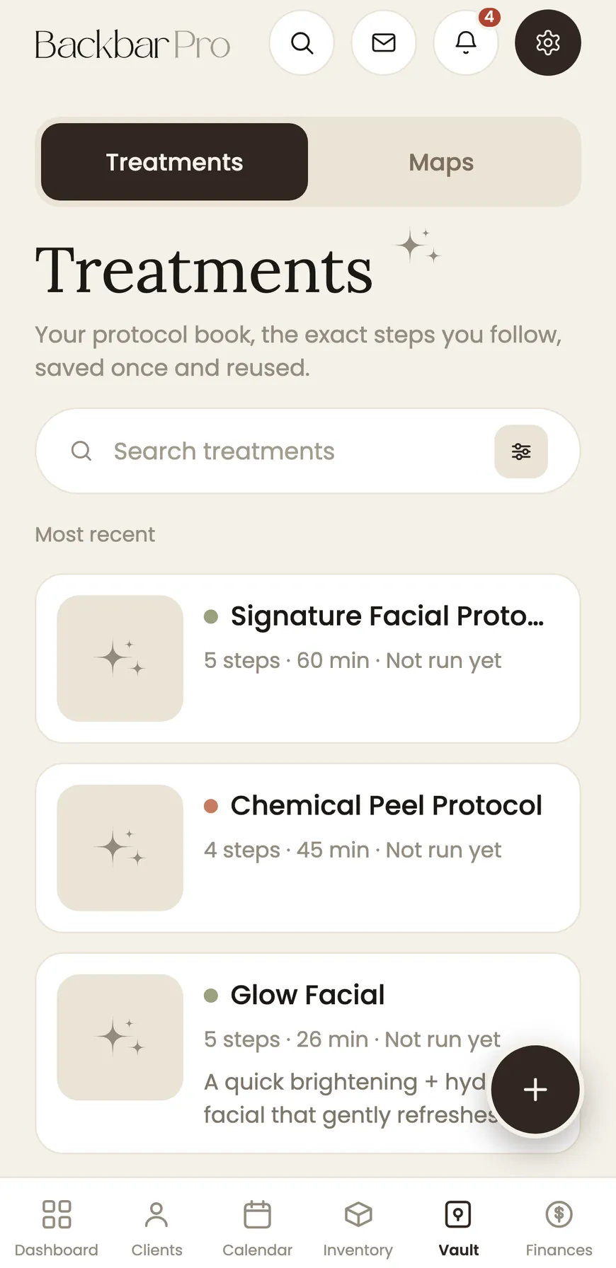 The Treatments library in BackBar, listing saved protocols with their steps and durations.