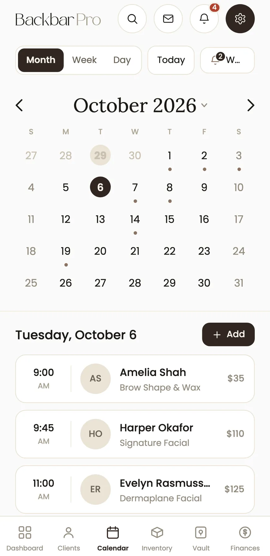 An esthetician's Today schedule in the BackBar app, showing the day's booked appointments.