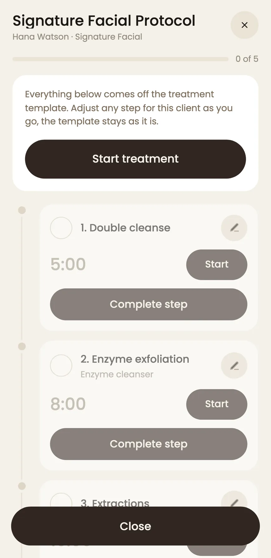 A facial protocol running in BackBar, with each step and its timer for this client.